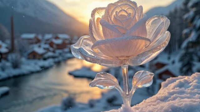 white rose in the snow against the background of mountains