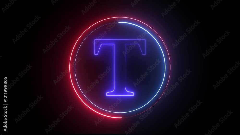 Poster glowing neon english t letter icon with circle animation on a black background. energy alphabet, fon
