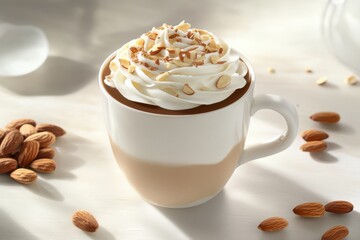 Indulgent Coffee Delight with Whipped Cream, Almond Slivers, and Earthy Lighting on Textured Linen Background for Cozy Moments