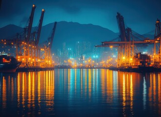 Obraz premium Stunning Night View of a Busy Port with Cranes and Cargo Containers Illuminated by City Lights, Reflecting on Calm Water Under a Clear Sky