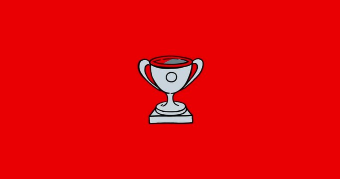 Slver winner cup linear coloring on red screen background. Championship full color trophy concept for sport winner. Victory celebration symbol cartoon animation redbox isolated.
