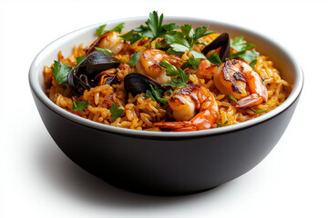 Delicious stir fried rice with mussels and shrimp garnished with fresh parsley in black bowl, perfect for seafood lovers