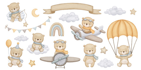 Fototapeta premium Set of cute bears pilot on airplane, star, moon and clouds, watercolor hand drawn illustrations isolated on white background