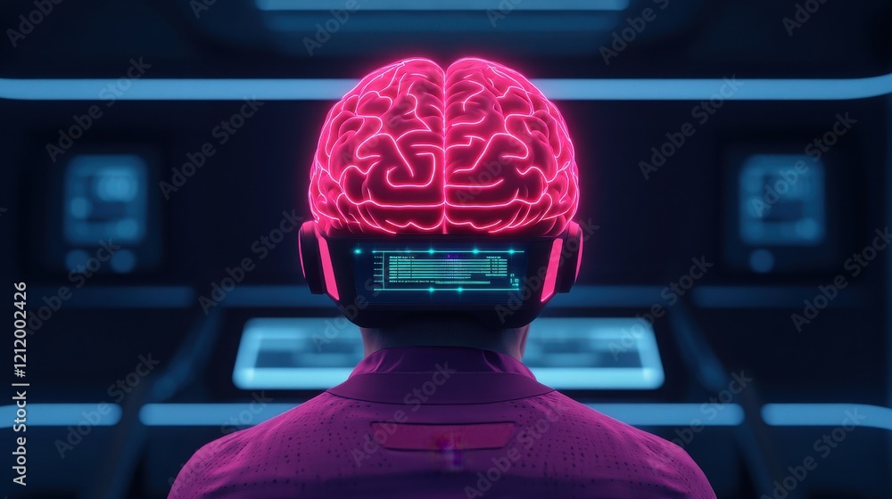 Poster a futuristic depiction of a brain illuminated in neon colors, symbolizing advanced technology and ar
