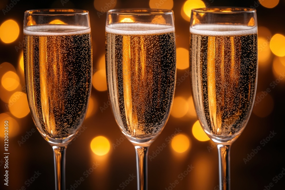 Poster A table setting with three glasses of champagne and sparkling lights in the background, perfect for a celebration or party