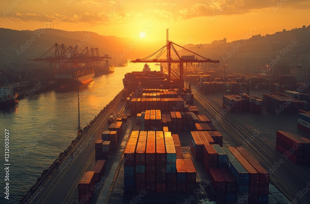 Poster sunset over busy shipping port with colorful containers and cranes, capturing tranquility amidst ind