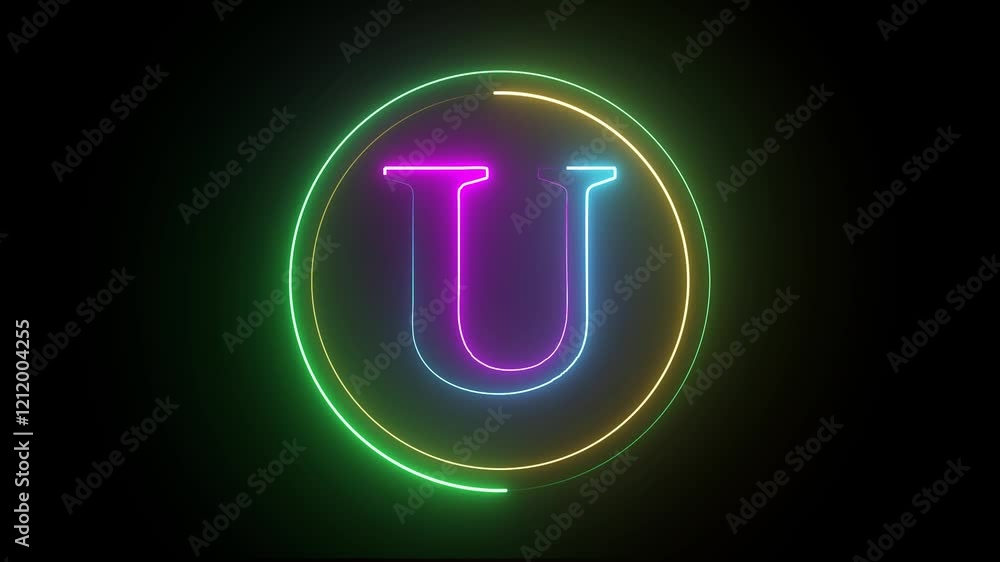 Poster glowing neon english u letter icon with circle animation on a black background. energy alphabet, fon