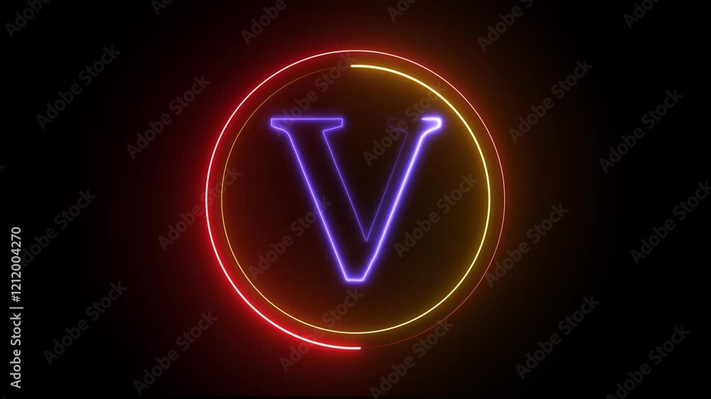 Poster glowing neon english v letter icon with circle animation on a black background. energy alphabet, fon