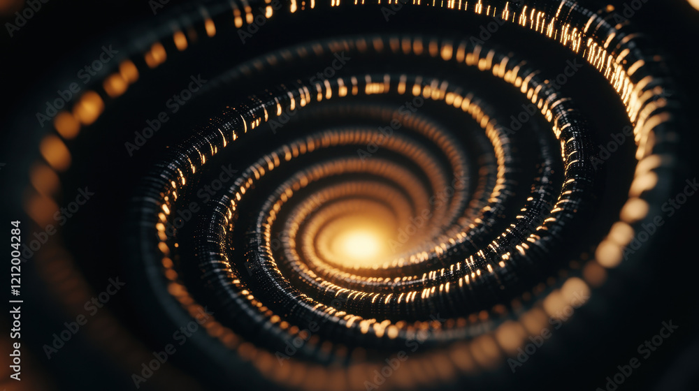 Poster a mesmerizing spiral pattern radiating golden light, creating a sense of depth and motion in a dark 