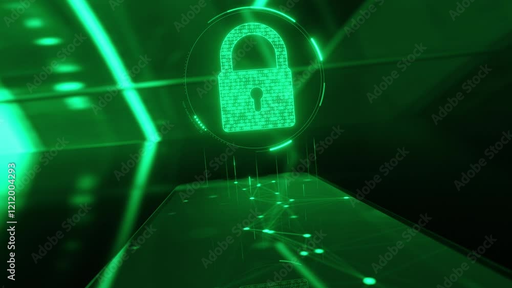 Poster cybersecurity lock icon hologram and smartphone. data protection and privacy or antivirus concept. f