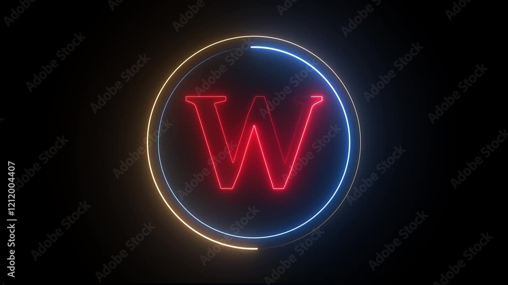Poster glowing neon english w letter icon with circle animation on a black background. energy alphabet, fon