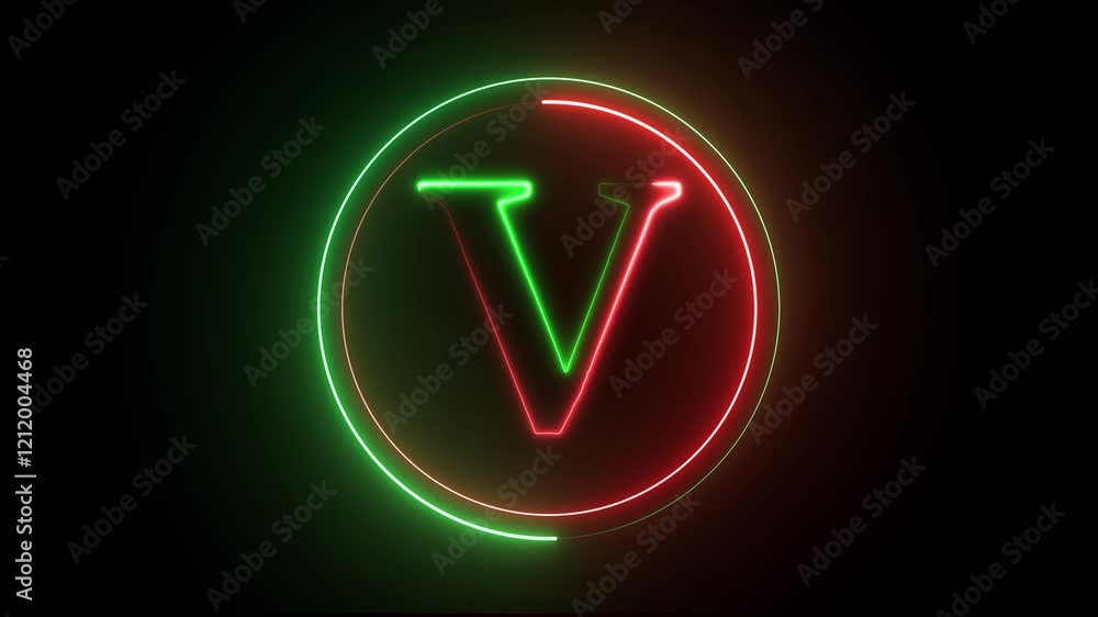 Poster glowing neon english v letter icon with circle animation on a black background. energy alphabet, fon