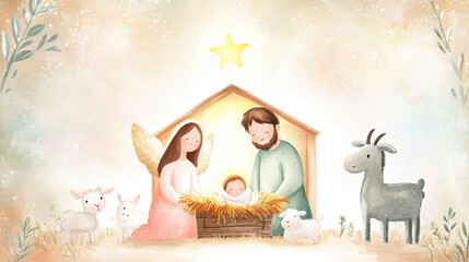 Naklejka premium A serene nativity scene featuring a family with an angel, a baby in a manger, and gentle animals set against a soft, pastel backdrop.
