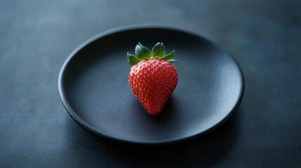 A single strawberry on a black plate, its vivid red color standing out against the dark background.