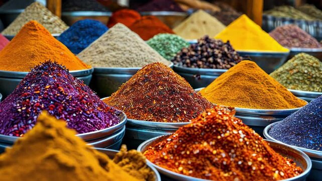 Vibrant spice market displays various colorful spices in bowls, highlighting culinary diversity and local culture