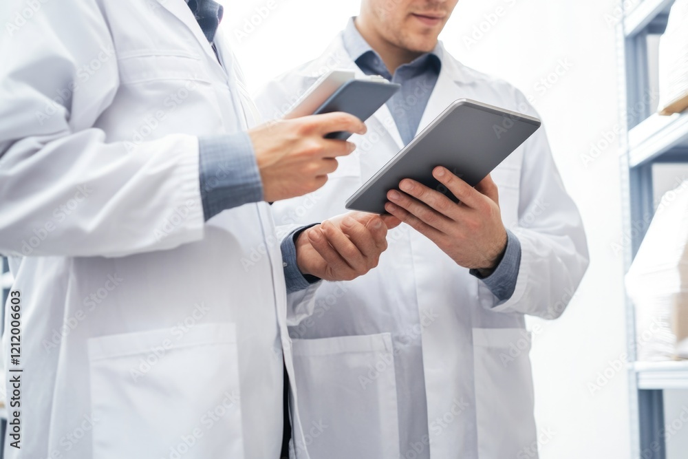 Leinwandbilder two scientists reviewing data on a tablet in a laboratory setting