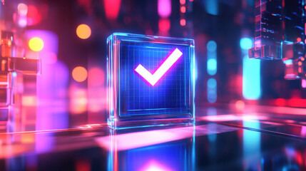 A glowing checkmark in a digital cube with vibrant neon lights, symbolizing approval or success in a futuristic environment.