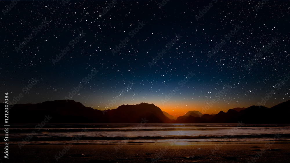 Wall mural a a movement of stars in the night sky with the view of mountains..