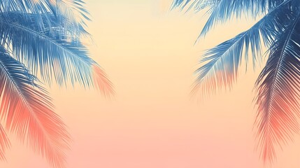 refreshing summer banner, beach palms, minimalistic, rose orange blue tones, light