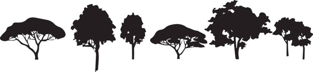 A set of tree silhouettes for flat design. Hand drawn vector illustration