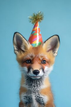 A small fox wearing a colorful party hat on its head