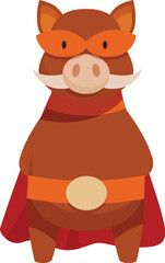 Brown pig wearing superhero costume with orange mask, cape and belt is standing up