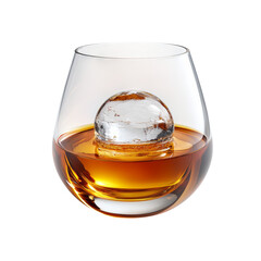 Elegant glass with whiskey and ice sphere Isolated on transparent background