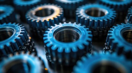 A collection of blue gears sitting on a table, perfect for illustrations and designs related to technology and innovation