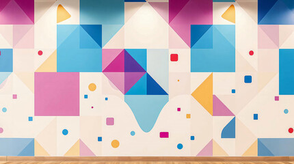 vibrant geometric wallpaper with overlapping shapes in bright pink, blue, yellow, and red creates a playful, dynamic design against a wooden floor, evoking energy and creativity for any modern space.