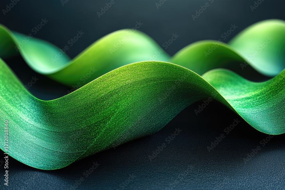 Poster Close-up shot of a green ribbon on a black surface, ideal for use in designs and graphics where a pop of color is needed