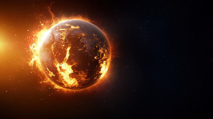 Fototapeta premium fiery planet in space, engulfed in flames, symbolizes destruction and chaos