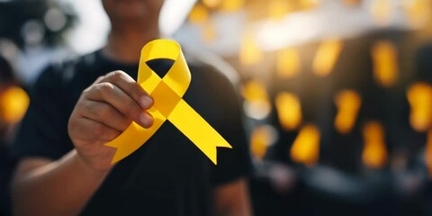 Male hand holding yellow ribbon waving in wind outside. World cancer day, International Childhood Cancer day, Suicide prevention day, sarcoma, bone and bladder cancer awareness month