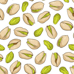 Seamless pattern with pistachio nuts on white background, vector hand-drawn illustration