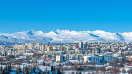 Reykjavik's Esjan mountain range covered in snow, seen from the city's outskirts on a clear day.
