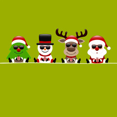 Quadrat Karte Weihnachtsbaum Schneemann Rentier und Weihnachtsmann Sonnenbrille Hellgrün Dunkelrot