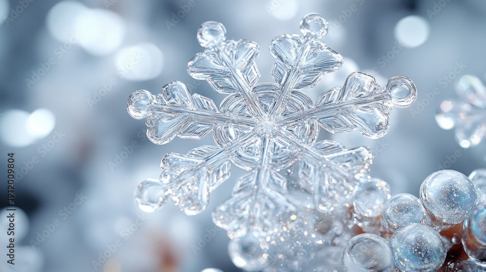 Poster close-up shot of a delicate snowflake on a tree branch, great for winter themes or nature-inspired d