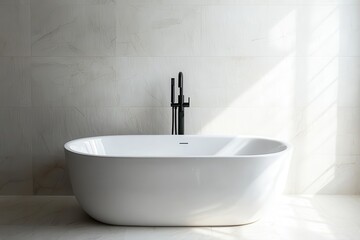 Fototapeta premium Modern Bathroom Featuring a Freestanding White Tub with Matte Black Fixtures Bathed in Diffused Natural Light Against a Marble Wall Tile Background