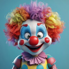 Obraz premium Colorful clown with vibrant hair and cheerful expression on blue background