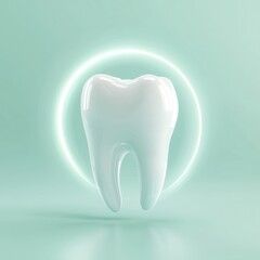 Gleaming tooth, studio backdrop, light ring, mint background, dental