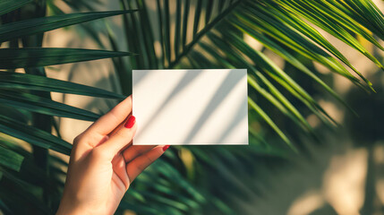 Hand Holding Blank White Card Against a Blurred Background of Greenery and Light.