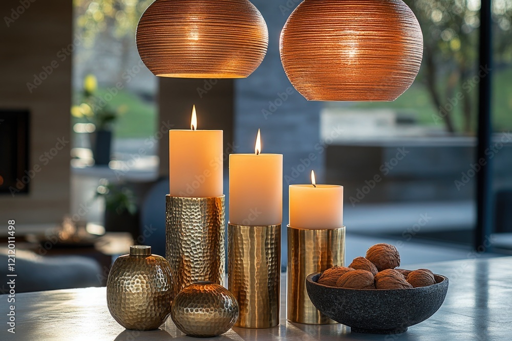 Poster a table setting with candles and a bowl of nuts, suitable for a dinner party or gathering