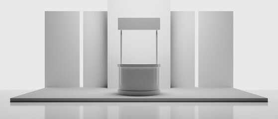 3d booth kios illustration rendering, Exhibition podium pedestal stand event stage for mockup a Display design, trade show for retail product on white background