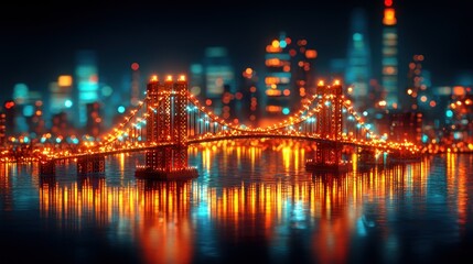 Night Cityscape: Illuminated Bridge and City Lights Reflection