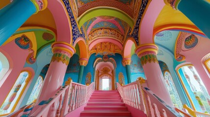Obraz premium The vibrant frescoes and colorful artwork adorning the ceiling of Cao Dai Temple.