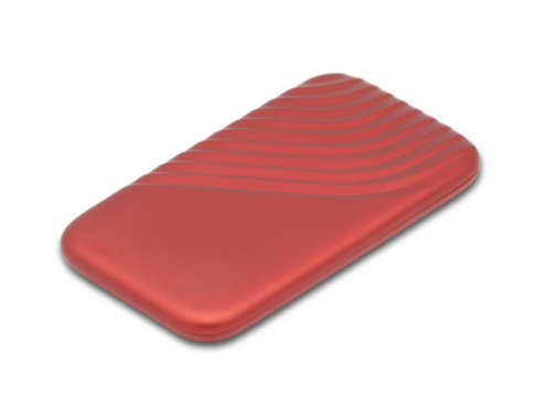 Red external USB data storage device on transparent background (PNG File)