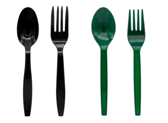 Black and green plastic spoon and fork isolated on transparent background (PNG File)

