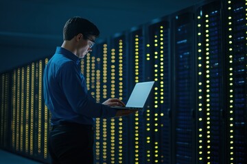 A professional working on a laptop in a server room, surrounded by illuminated servers. Modern technology and data management concept.