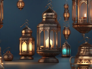 Obraz premium Islamic greeting Eid Mubarak cards or Ramadan Karim for Muslim Holidays. Eid-Ul-Adha or Eid UL Fitir festival celebration. Arabic Ramadan Lantern . Decoration lamp