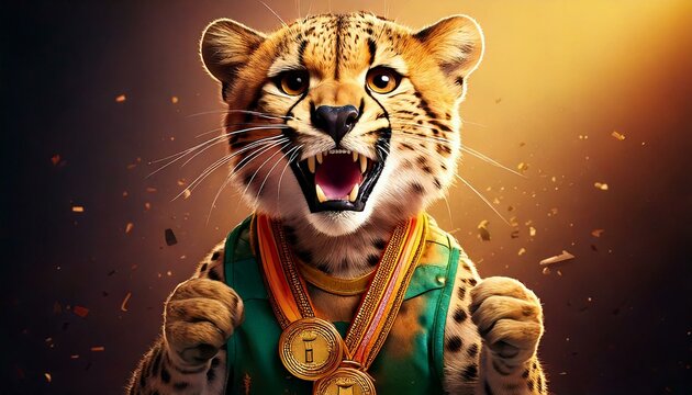 A young cheetah in sports jersey as a energetic athlete with gold medal in the neck and celebrating the moment