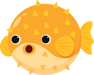 Cartoon puffer fish swimming, displaying its vibrant colors and spiky texture, creating a cheerful underwater scene